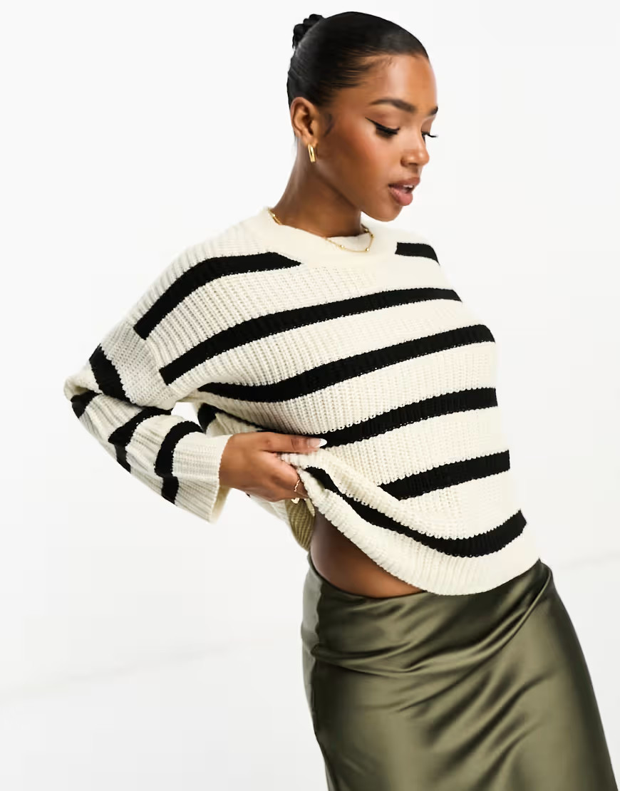 JDY knitted crew neck stripe sweater in black & cream | ASOS (Global)