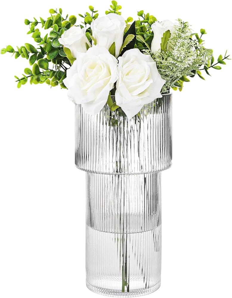 CEWOR Large Ribbed Glass Vase, 11.5 Inches Clear Flower Vase, Fluted Glass Vase, Modern Vase for ... | Amazon (US)