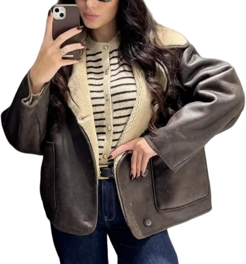 Perbai Women's Lapel Fleece Lined Single Breasted Faux Suede Jacket Oversized Leather Trucker Coa... | Amazon (US)