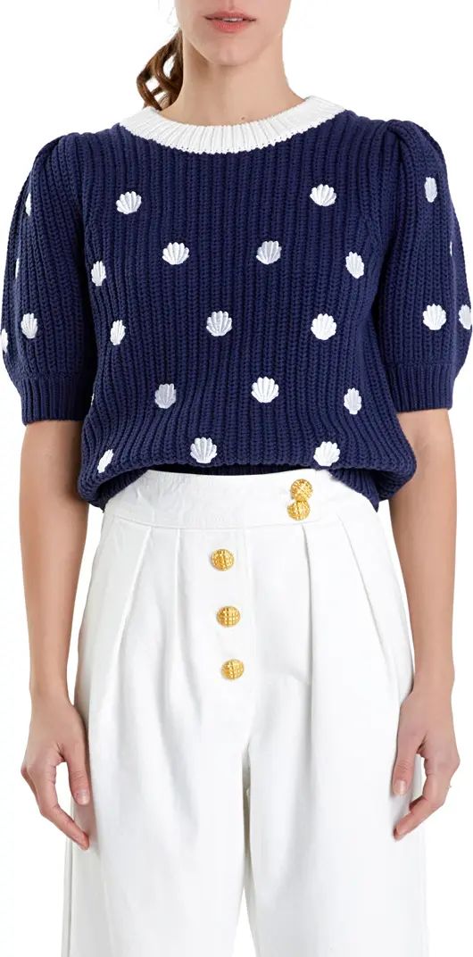 English Factory Shell Embroidered Puff Sleeve Sweater | Nordstrom | Nordstrom