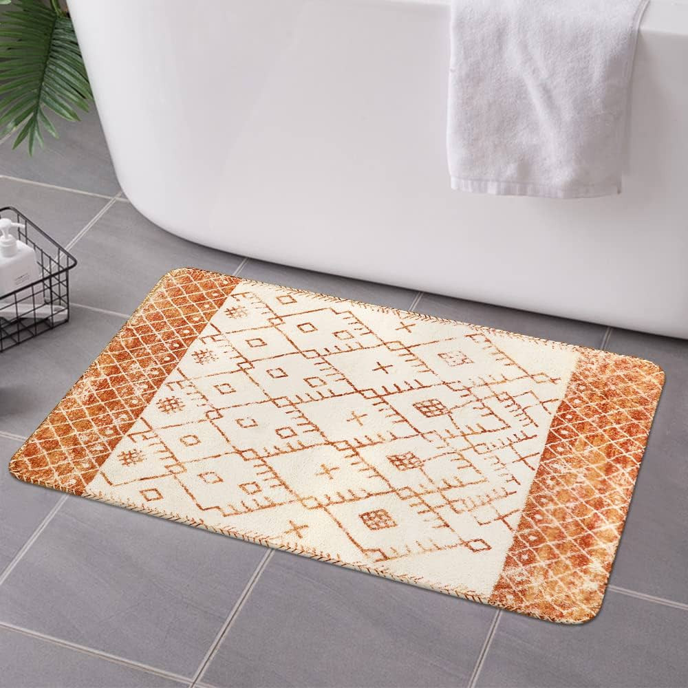 Uphome Bathroom Rugs 20x31 inch Orange Distressed Boho Bath Mat Non-Slip Vintage Moroccan Geometr... | Amazon (US)