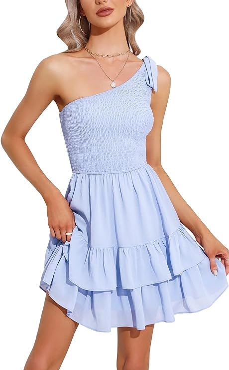 EXLURA Women’s 2024 Summer One Shoulder Tie Mini Dresses Ruffle Somcked A-Line Flowy Short Mini... | Amazon (US)