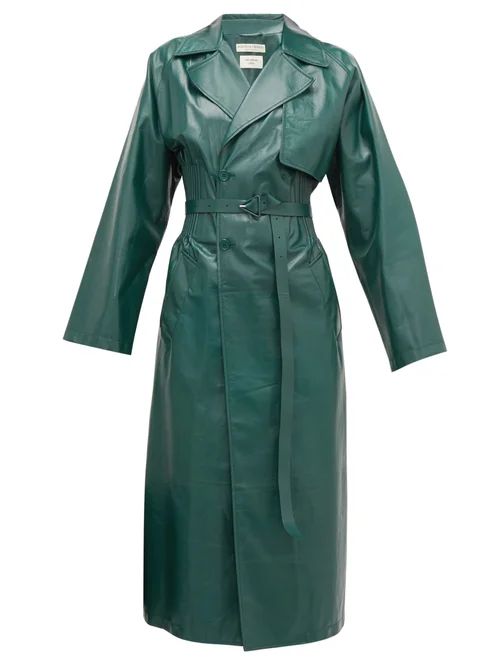 Bottega Veneta - Ribbed-waist Double-breasted Leather Trench Coat - Womens - Green | Matches (US)