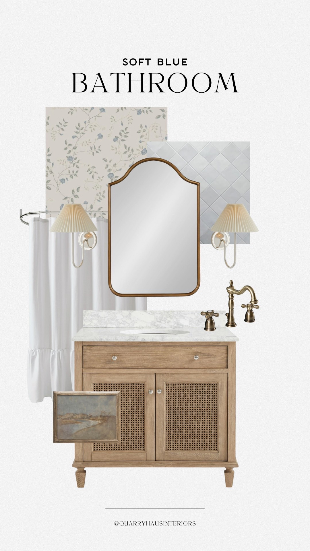 Soft blue bathroom design 💙 

Traditional timeless cottage feminine warm cozy classic powder hall primary bath decor tile vanity mirror lighting wallpaper art sconce

#LTKHome