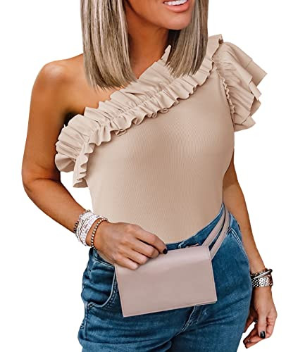 Farktop Womens One Shoulder Shirts Ruffle Sleeve Slim Fit Knitted Ribbed Summer Tops Khaki at Ama... | Amazon (US)