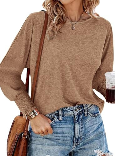 BTFBM Womens Long Sleeve Tops Fall Outfits 2024 Dressy Casual Crew Neck Tee Shirts Smocked Loose Top Tunic Blouse(Solid Khaki, X-Large) | Amazon (US)
