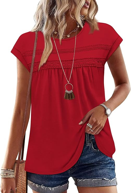 WIHOLL Womens Summer Tops Trendy 2026 Lace Crochet Cap Short Sleeve Shirts Crew Neck T Shirts Cas... | Amazon (US)