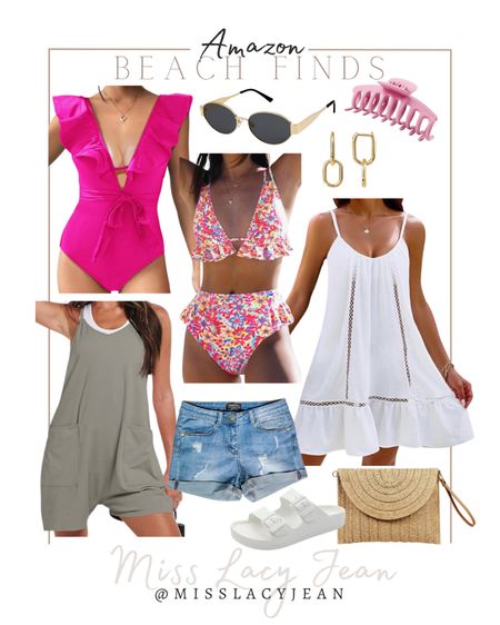 Summer beach finds includes cover up dress, romper, denim shorts, two piece swimming suit, one piece swimming suit, straw bag, slide sandals, hair clip, gold earrings, sunglasses.

Amazon swim, swimming, beach day, beach finds, summer must haves 

#LTKswim #LTKstyletip #LTKfindsunder100