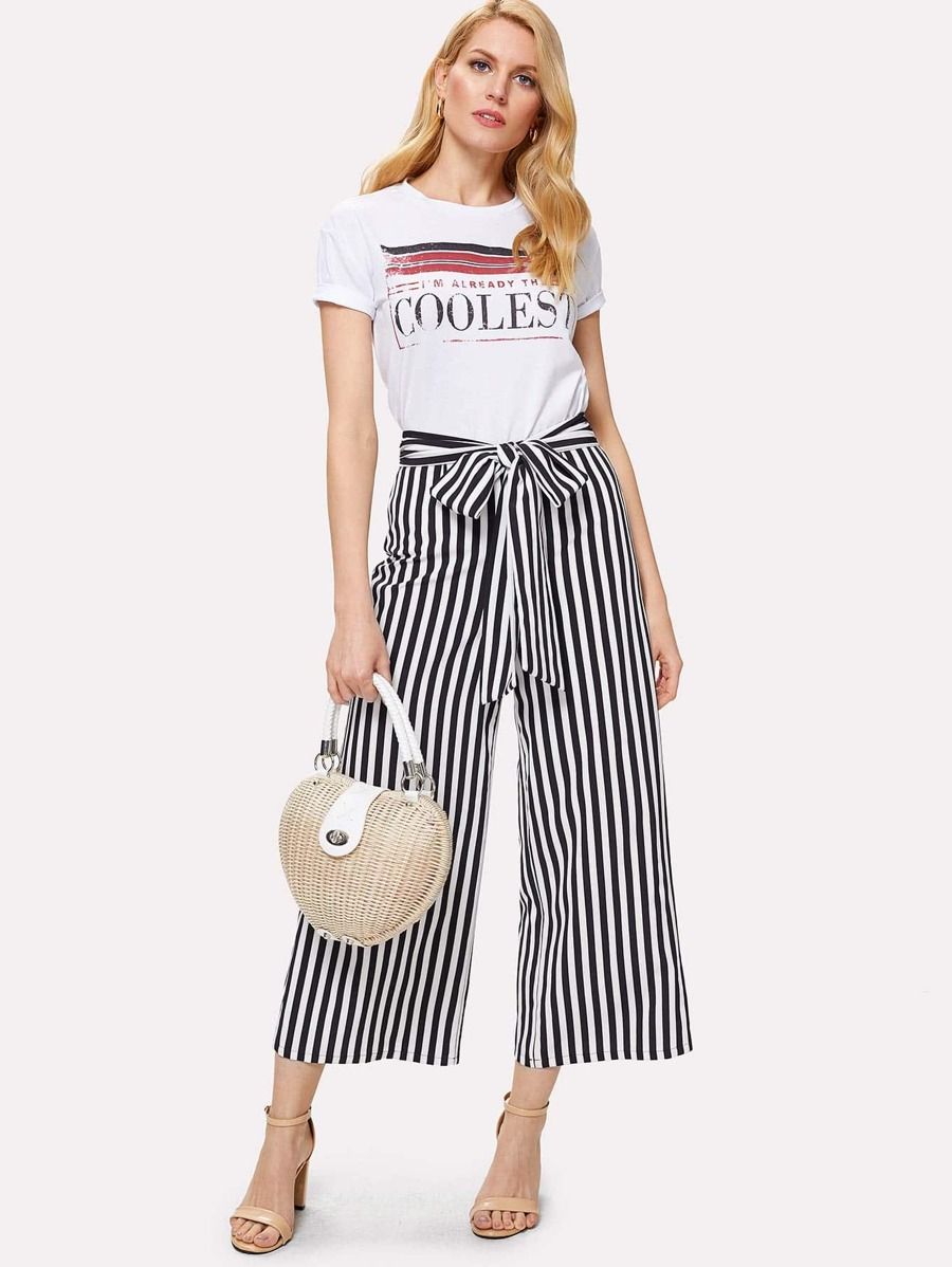 Self Belted Striped Wide Leg Pants | SHEIN