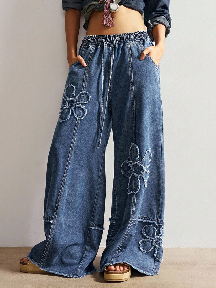 Bohemela Women's Casual Solid Color Wide Leg Jeans Baggy Jeans Jeans With Designs | SHEIN