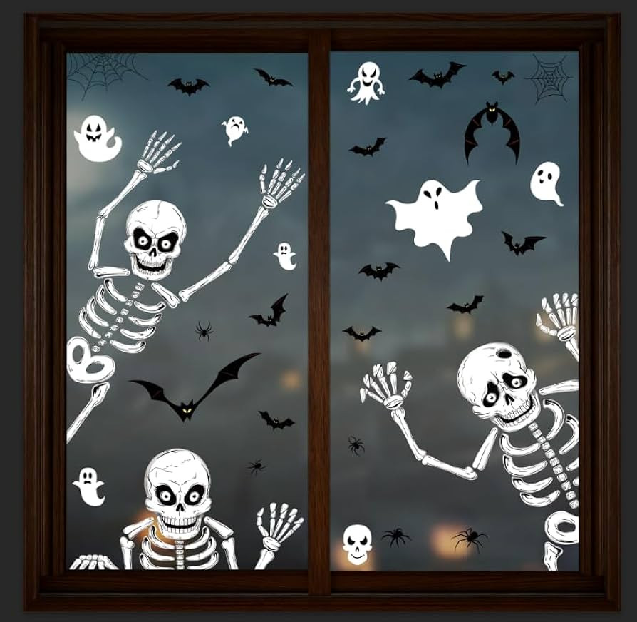 9 Sheet Halloween Window Clings, 97PCS Skeleton Halloween Decorations, Hello Skeleton Bats Ghost ... | Amazon (US)