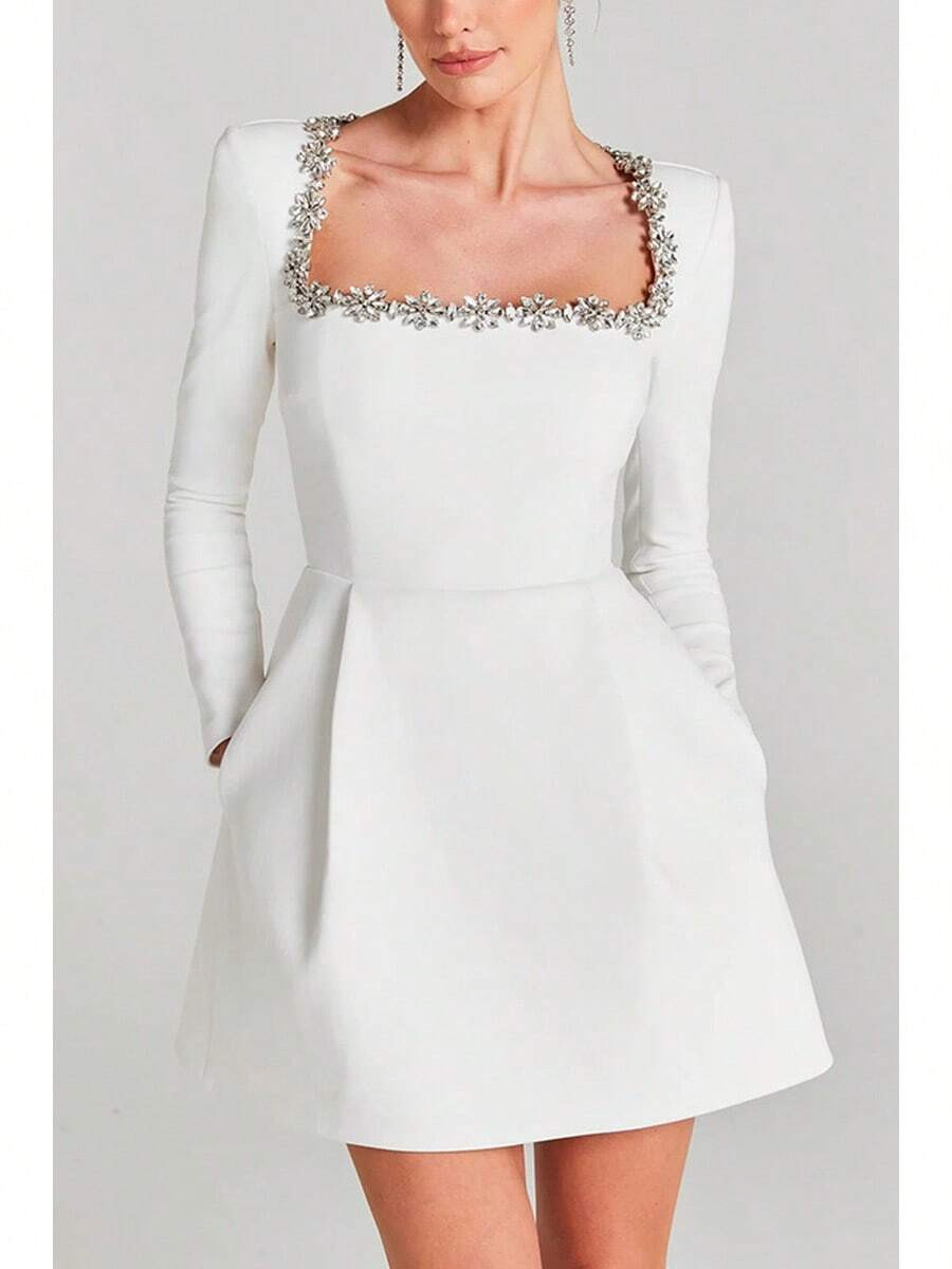 Women Square Neck Crystal Embellished Mini Dress, Long Sleeve Fitted Waist A Line Skater Party Dress With Pockets | SHEIN
