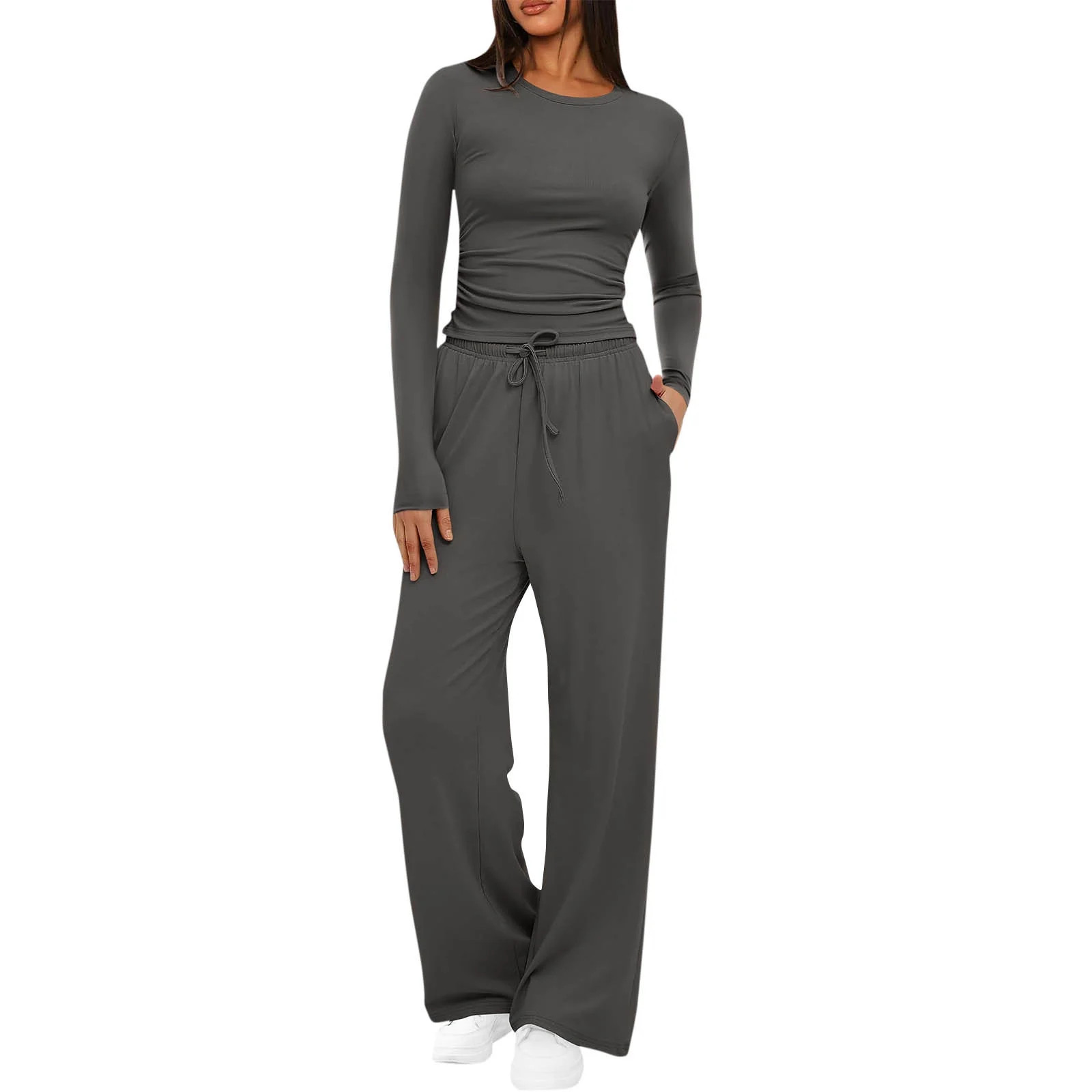Diufon Womens 2 Piece Sets Long Sleeve Crop Top and Wide Leg Pants with Pockets Casual Sweatsuit ... | Walmart (US)