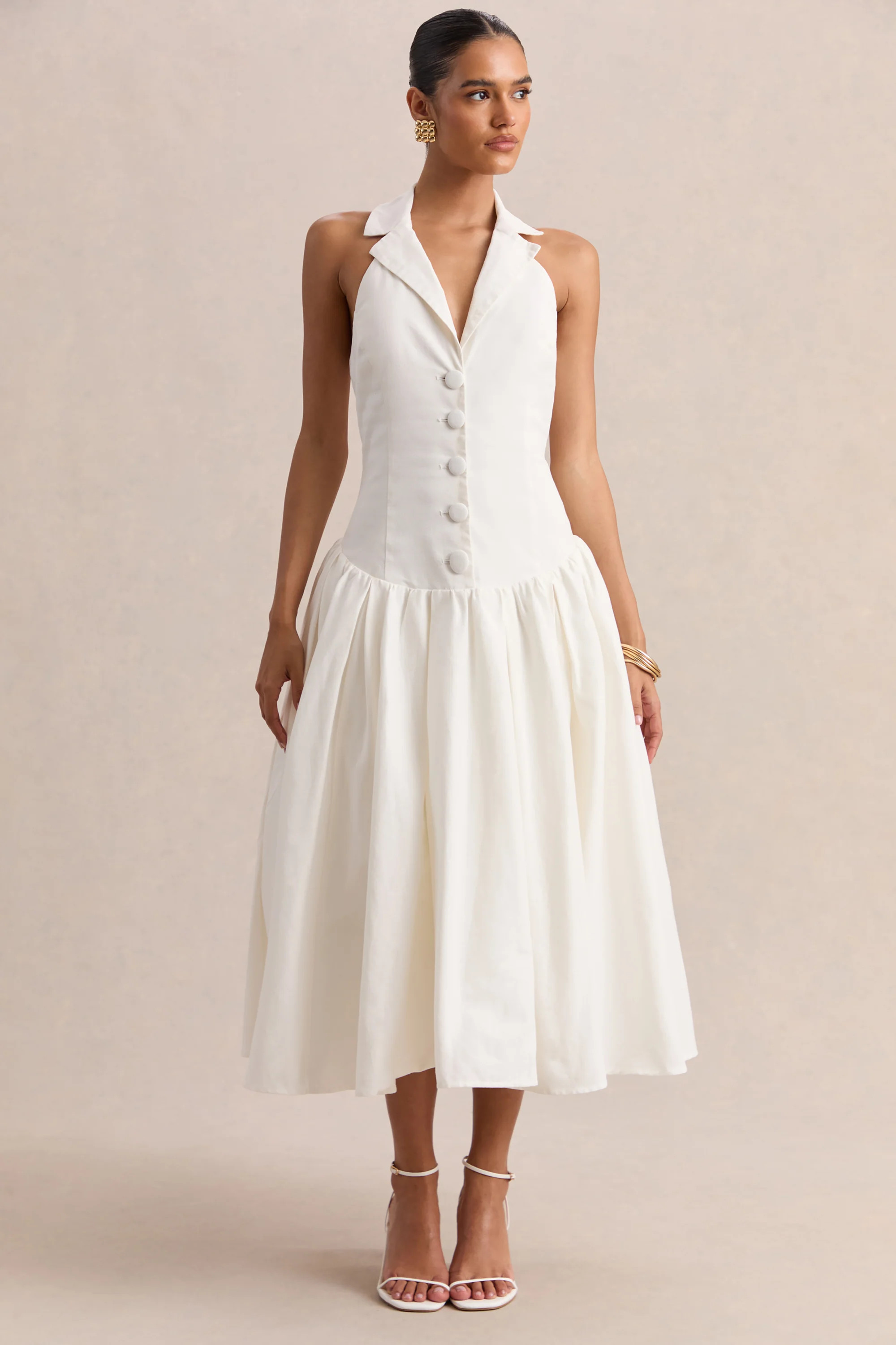 Ella | White Plunge-Neck Midi Dress With Drop-Waist | Club L London