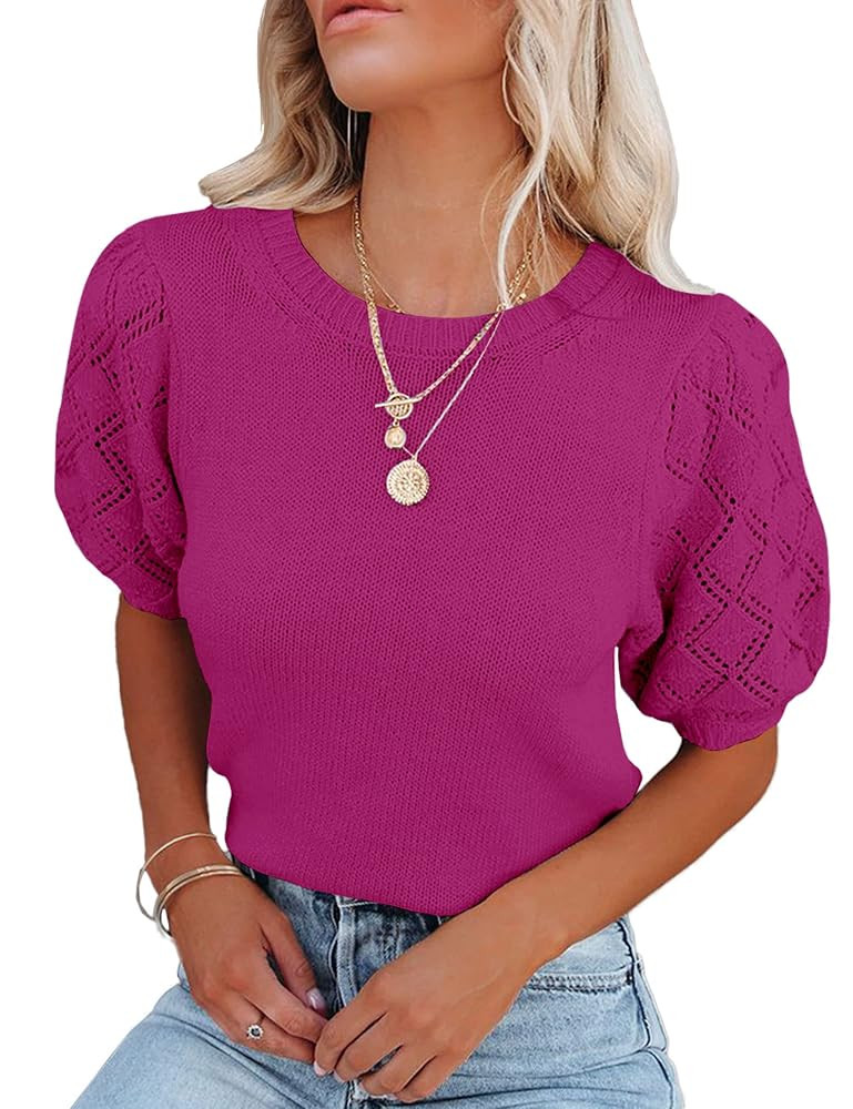 Womens Short Sleeve Sweaters Crewneck Knit Pullover Tops 2025 Summer Casual Lightweight Crochet B... | Amazon (US)