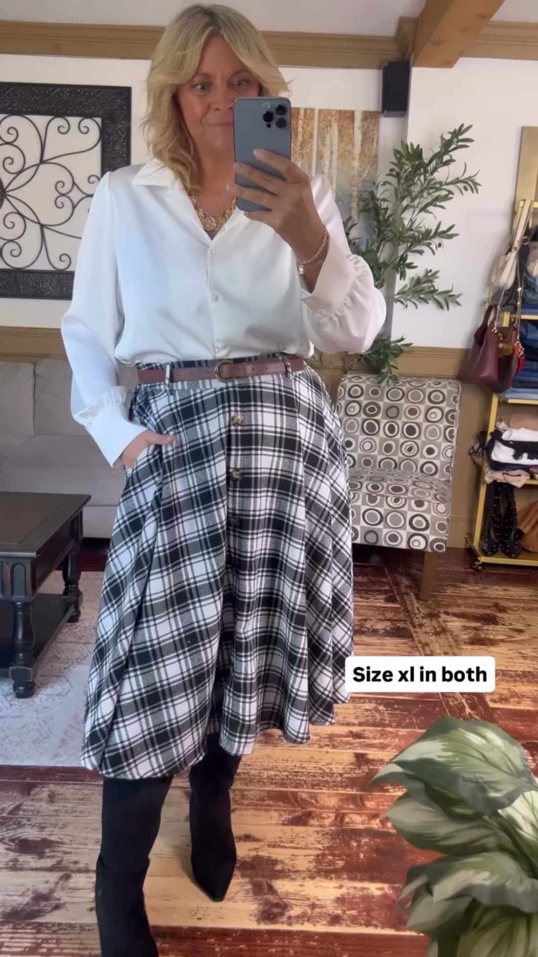 Size xl in both the belted midi skirt and button down  satin blouse - lovely work outfit or holiday style 

#LTKMidsize #LTKFindsUnder50 #LTKWorkwear