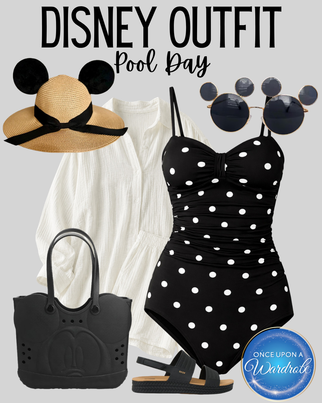 Disney pool day outfit idea, but make it classic Minnie style 🖤 This black and white polka dot one-piece swimsuit, lightweight white coverup, Mickey straw hat, Minnie-inspired sunglasses, black slide sandals, and Mickey tote are so cute for a Disney resort pool day, water park day, or Disney cruise pool deck.  

 #LTKmomlife #LTKSwim #LTKTravel