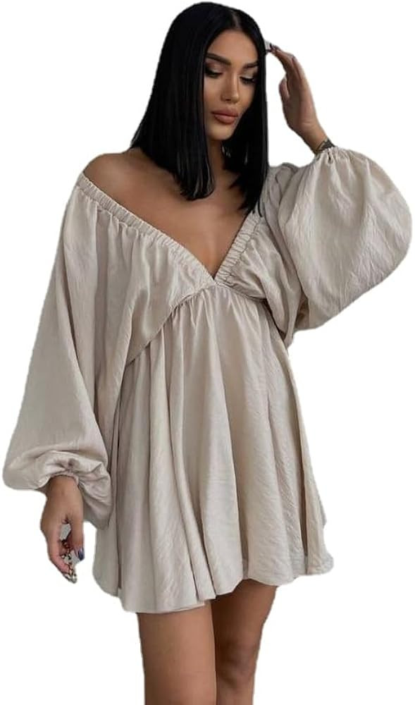 Women's Long Lantern Puff Sleeve V Neck Dress Waist Ruffle Hem Swing Casual Short Mini Loose Swin... | Amazon (US)