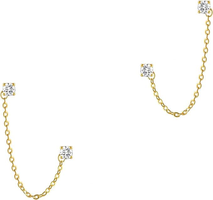 Gold Chain Earrings Double Piercing, 3mm Cubic Zirconia 2 Hole Earrings Hypoallergenic Jewelry Gi... | Amazon (US)