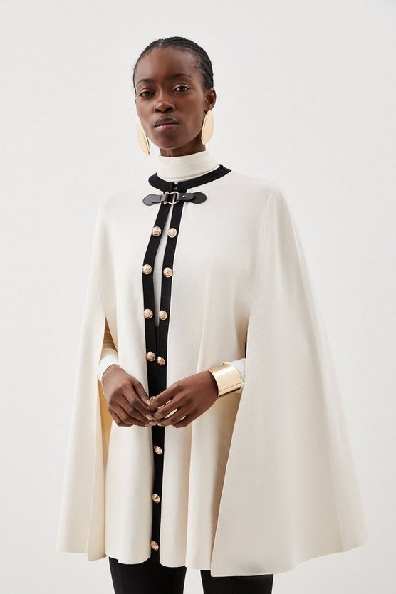 Viscose Blend Military Trim Knitted Cape | Karen Millen US