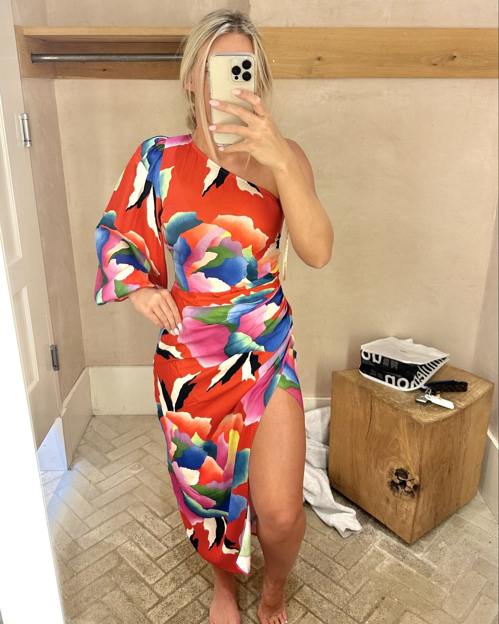 farm rio one shoulder slim floral midi dress FARM RIO Embellished gathered one-shoulder printed woven midi dress