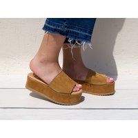 Brown Swede Wedges, Handmade Women Leather Sandals, Greek Suede Sandal, Leather Platforms, Leather S | Etsy (US)