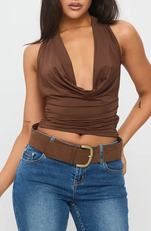 Princess Polly Remarkable Plunge Cowl Neck Halter Top in Brown at Nordstrom, Size 12 | Nordstrom