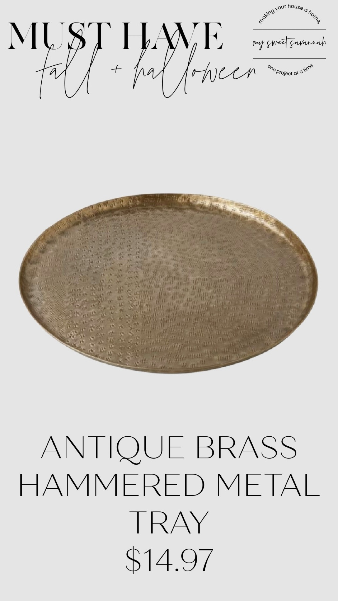 This antique brass hammered tray from Walmart adds a touch of elegance to any space! Its rich, textured finish makes it perfect for styling coffee tables, serving drinks, or displaying your favorite decor. Tap to shop this chic and versatile find! #WalmartFinds #HomeDecor #ElegantStyle #LTKHome

#LTKFindsUnder50 #LTKStyleTip #LTKHome
