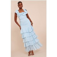 Light Blue Chiffon Ruched Ruffle Maxi Dress | PrettyLittleThing US