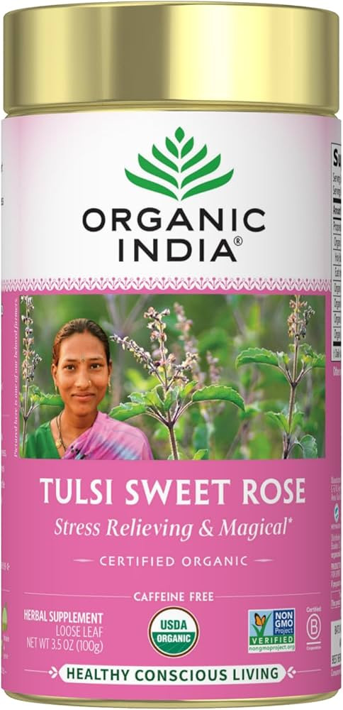 ORGANIC INDIA Tulsi Sweet Rose Herbal Tea - Holy Basil Leaf, African Basil, Chamomilie, Lemon Myr... | Amazon (US)