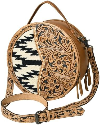 American Darling Hand-Tooled Leather Canteen Bag, Genuine Leather Round Crossbody with Woven Sadd... | Amazon (US)