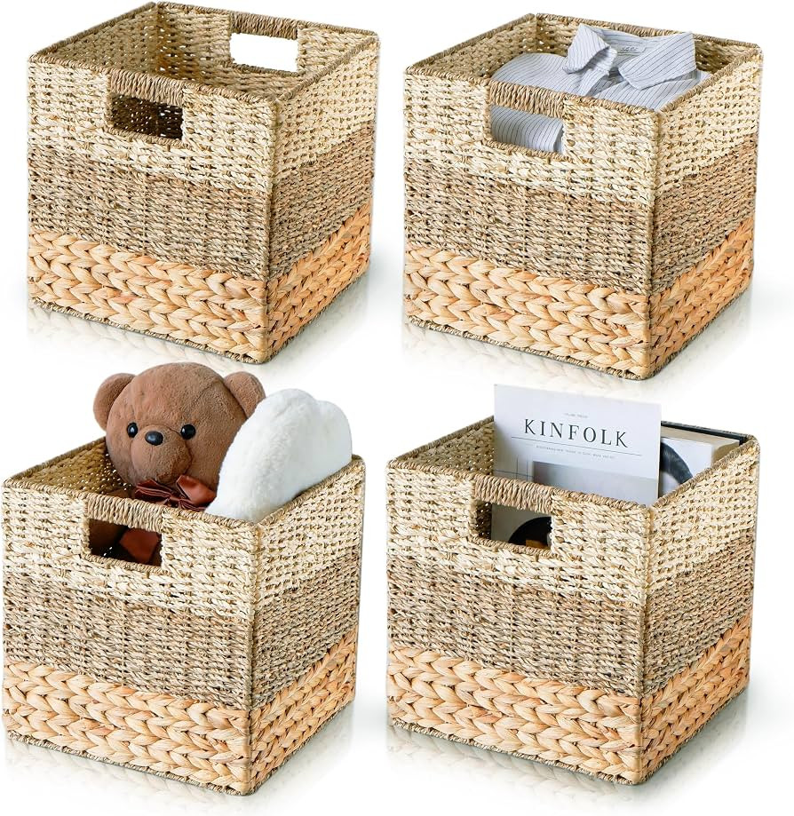 Chi An Home 11.8" x 11.8" Wicker Handwoven Storage Cubes, Set of 4 Heavy Duty Hyacinth Storage Ba... | Amazon (US)