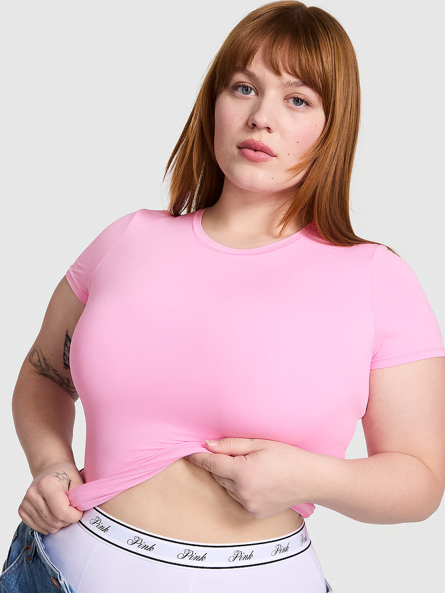 Buy Base Stretch Short-Sleeve Tee, Pink Lollipop - Order Tops online - Victoria's Secret US | Victoria's Secret (US / CA )