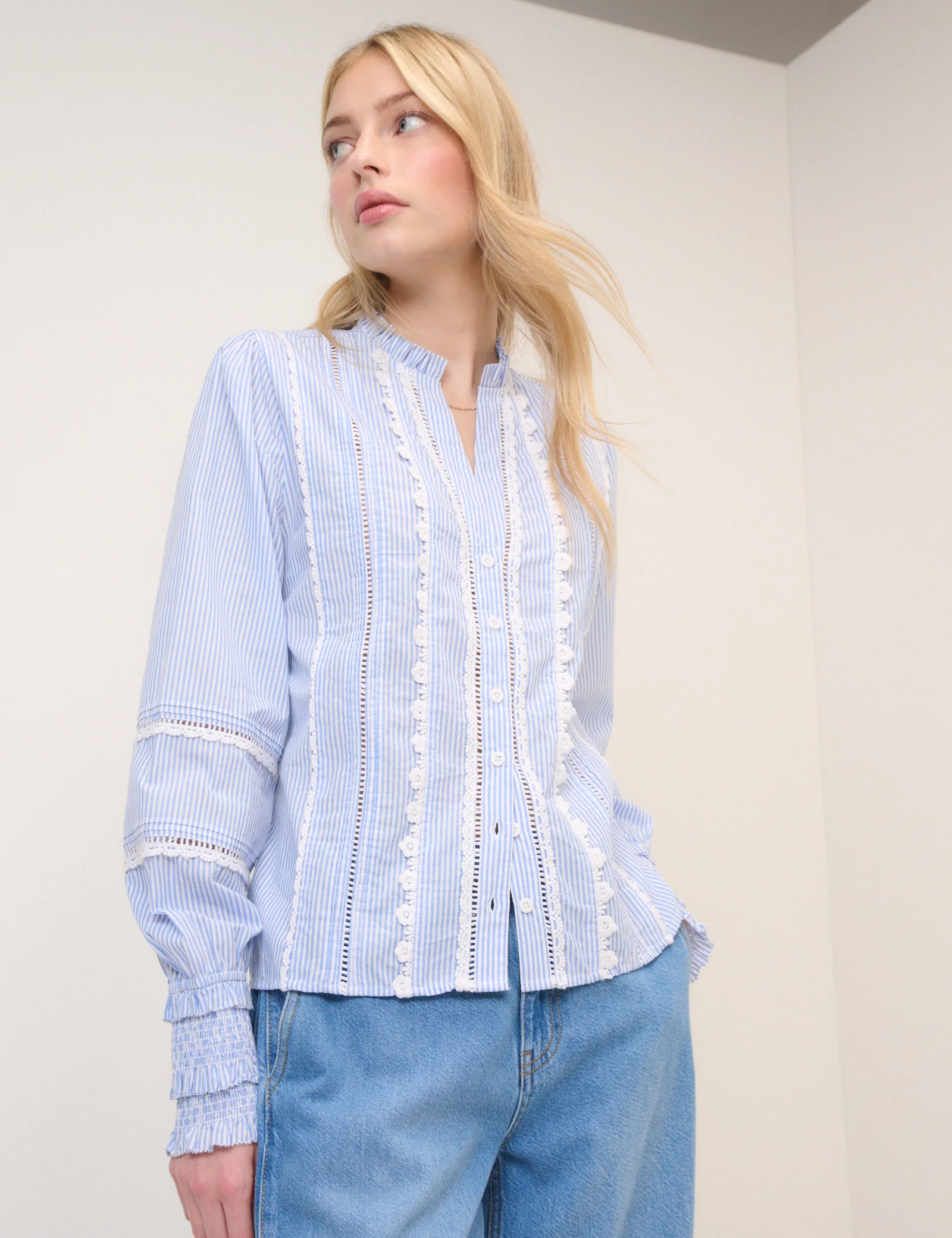 Blue Pinstripe Lace Shirt | Nobody's Child