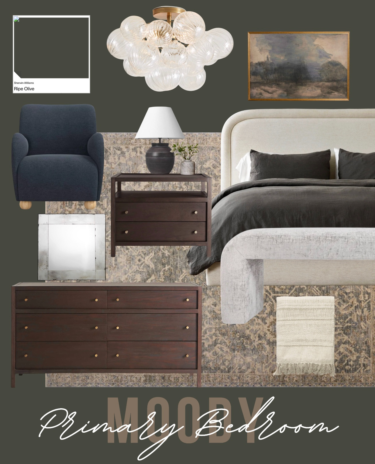A moody and modern primary bedroom mood board. 

 #LTKHome #LTKSaleAlert #LTKFindsUnder100