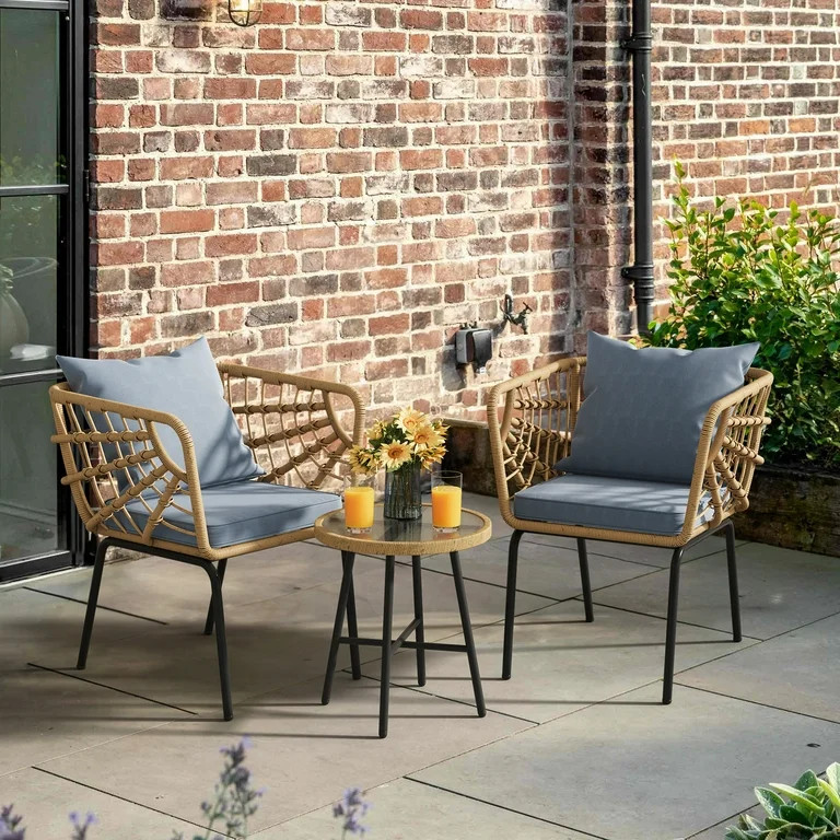 Dextrus 3-Piece Outdoor Patio Furniture Wicker Bistro Set, With 2 Chairs and Coffee Table,Cushion... | Walmart (US)