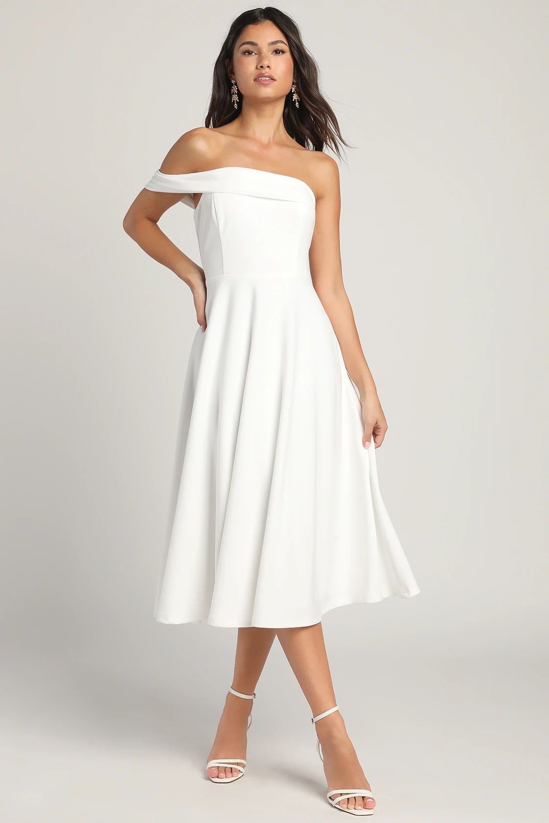 Sweet Elegance White Off-the-Shoulder Asymmetrical Midi Dress | Lulus (US)