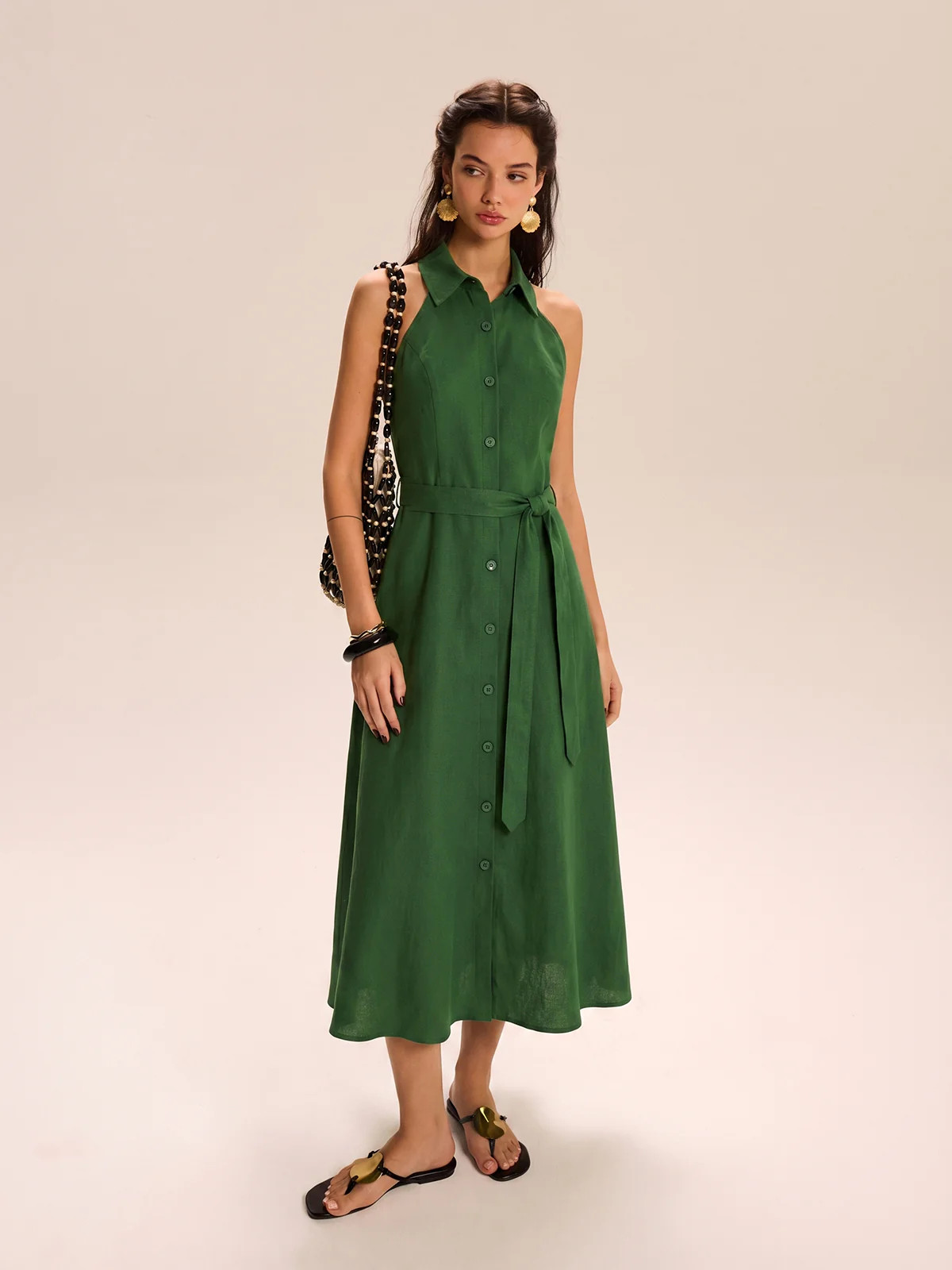 Belted Cotton Linen Halter Shirt Maxi Dress | Commense