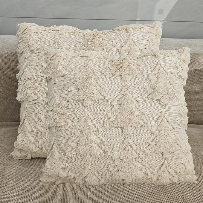 Christmas Tree Pillow Covers 18x18 Inch Set of 2 - Plush Faux Fur Holiday Decor, Beige Xmas Sofa ... | Amazon (US)
