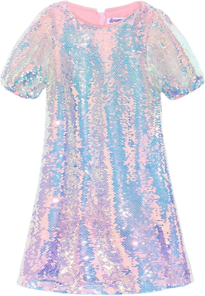 WELAKEN Girls Ombre Sequin Dress Sparkly Fancy Short Puff Sleeves Gradient Party Dress | Amazon (US)