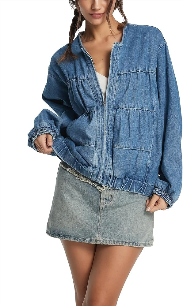 D-Sun Women Denim Jacket Casual Crewneck Long Sleeves Cropped Zip Collarless Jean Shirt Jacket wi... | Amazon (US)