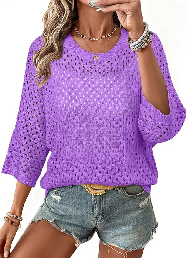 SHEWIN Womens Sweaters Crew Neck 3/4 Length Sleeve Crochet Tops Knit Beach Cover Ups Spring Outfi... | Amazon (US)