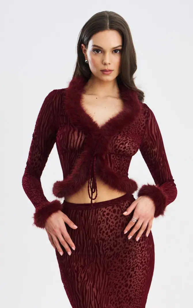 Halii Burnout Velvet Mesh Fur Trim Top | Nordstrom