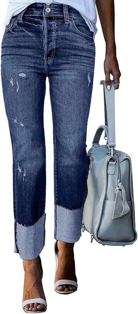 Sidefeel Womens Ripped Cuffed Jeans High Waisted Boyfriend Straight Leg Denim Pants | Amazon (US)
