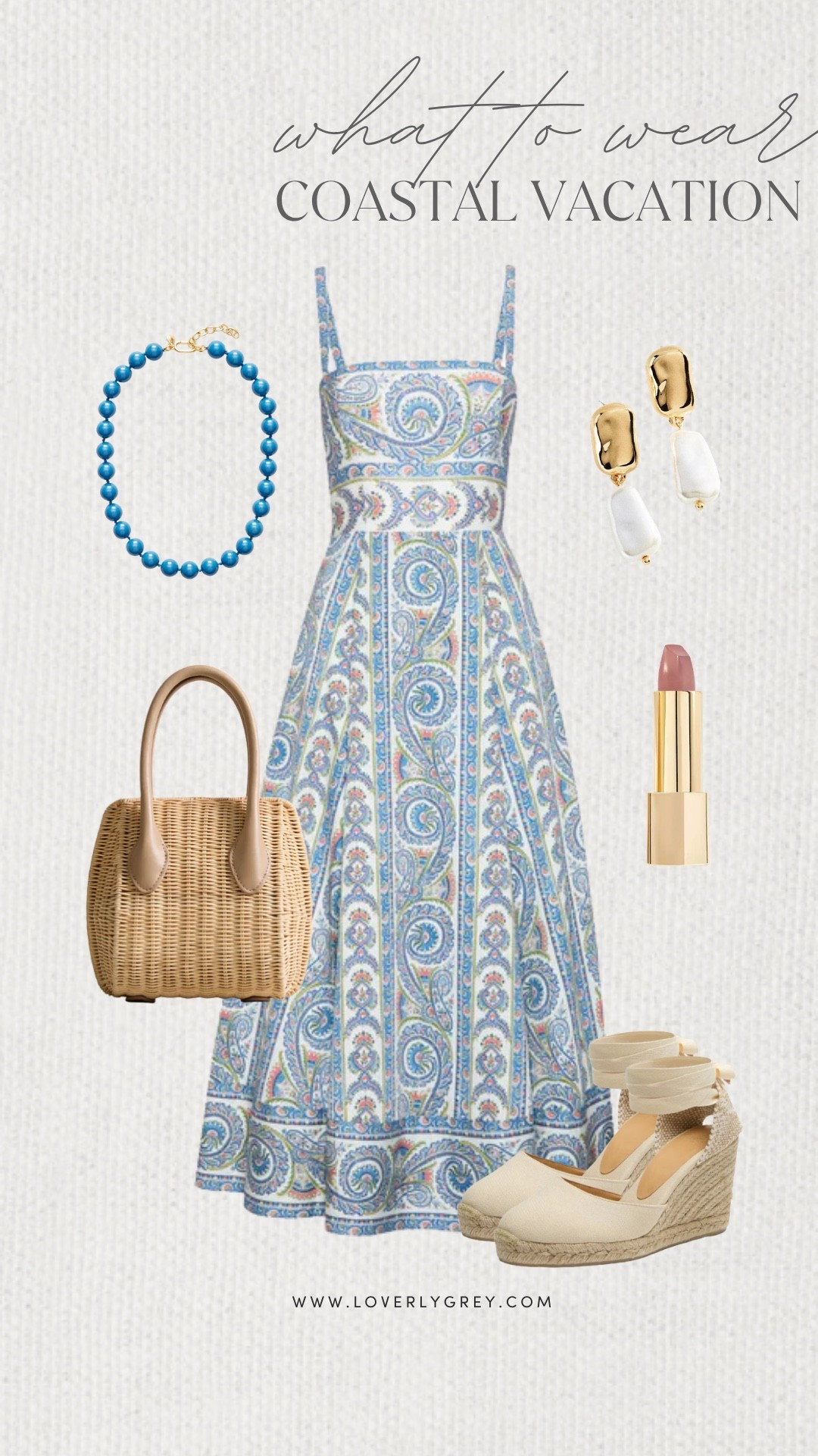 Loverly Grey, what to wear on a coastal vacation! I am loving this patterned dress from Tuckernuck! I paired it with a beaded necklace from J.Crew, rattan purse, and a pair of wedge heels! Loverly Grey, what to wear, coastal vacation 

#LTKgrwm #LTKootd #LTKdayinmylife