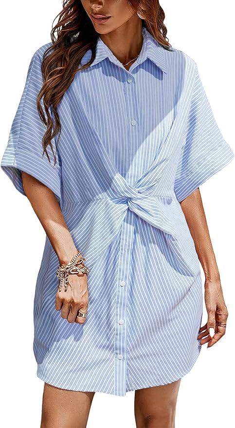CUPSHE Women's Striped Mini Shirt Dress Button Down Dolman Sleeve Collared Dress Twist Knot Summe... | Amazon (US)