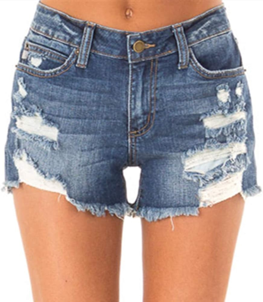 Angerella Denim Shorts for Women Mid Rise Ripped Jean Shorts Stretchy Folded Hem Hot Short Jeans | Amazon (US)