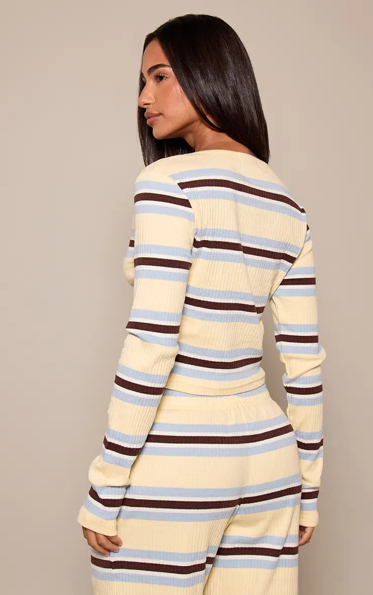 Cream Stripe Ribbed Long Sleeve Top | PrettyLittleThing | PrettyLittleThing UK