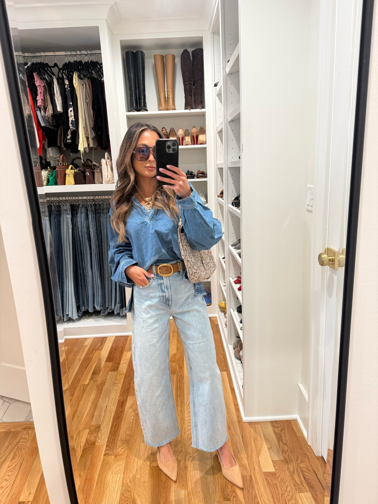 Denim on denim baby! Love doing this if I don’t know what to wear.  
Top: S in blue 
Jeans: 23 - cut bottoms 
Heels: 5.5