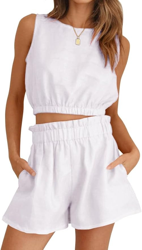 FANCYINN Women Summer 2 Piece Outfits Casual Crop Top Tank Sleeveless and Elastic Waist Pants Sho... | Amazon (US)